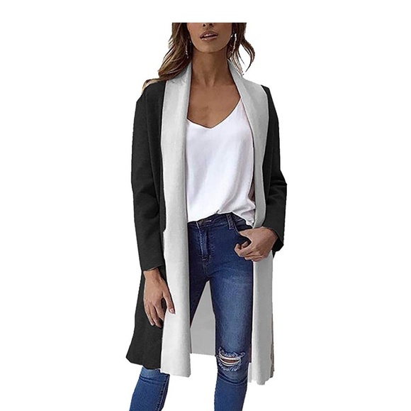 ANJA Black and Cream Open Front Duster Cardigan - Picture 3 of 7